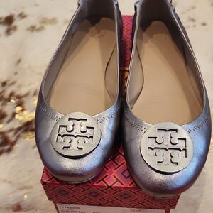 Tory Burch Metallic Silver Flats